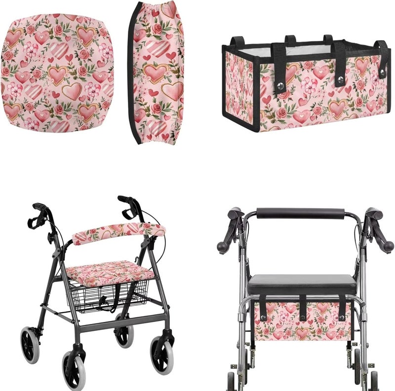 LedBack 3 Piece Set Walker Accessories Pink Rose Heart Walker Seat Cover Soft Rollator Seat and Back Rest Covers Underseat Pouch Tote Valentines Decorations - Image 1